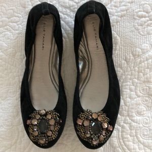 Ellie Tahari black suede jewel embellished flat